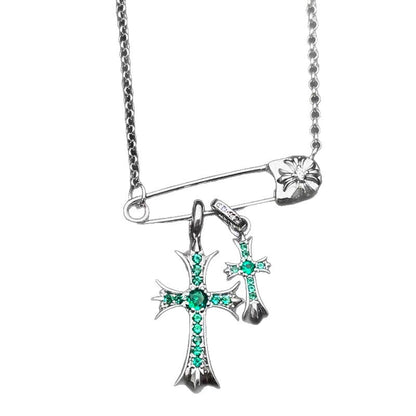 925 Silver Plated White Gold Rhinestone Pin Double Cross Pendant Necklace for Men and Women, European and American Style, Unique Design, High-End Look