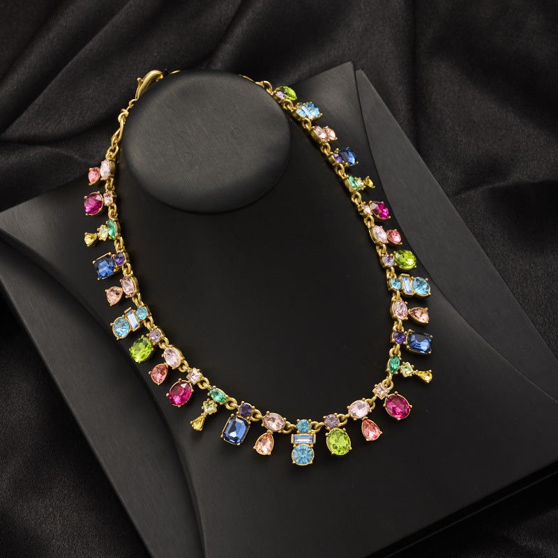 Oscar Live Cross-border Colorful Crystal Dopamine Color-blocked Luxe Small-batch Design Elegant High-end Clavicle Necklace
