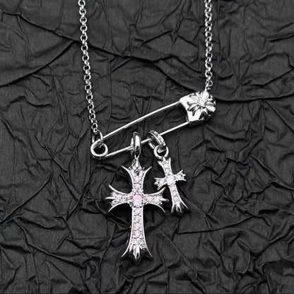 925 Silver Plated White Gold Rhinestone Pin Double Cross Pendant Necklace for Men and Women, European and American Style, Unique Design, High-End Look