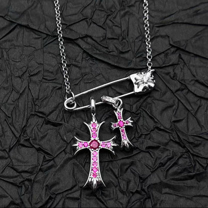 925 Silver Plated White Gold Rhinestone Pin Double Cross Pendant Necklace for Men and Women, European and American Style, Unique Design, High-End Look