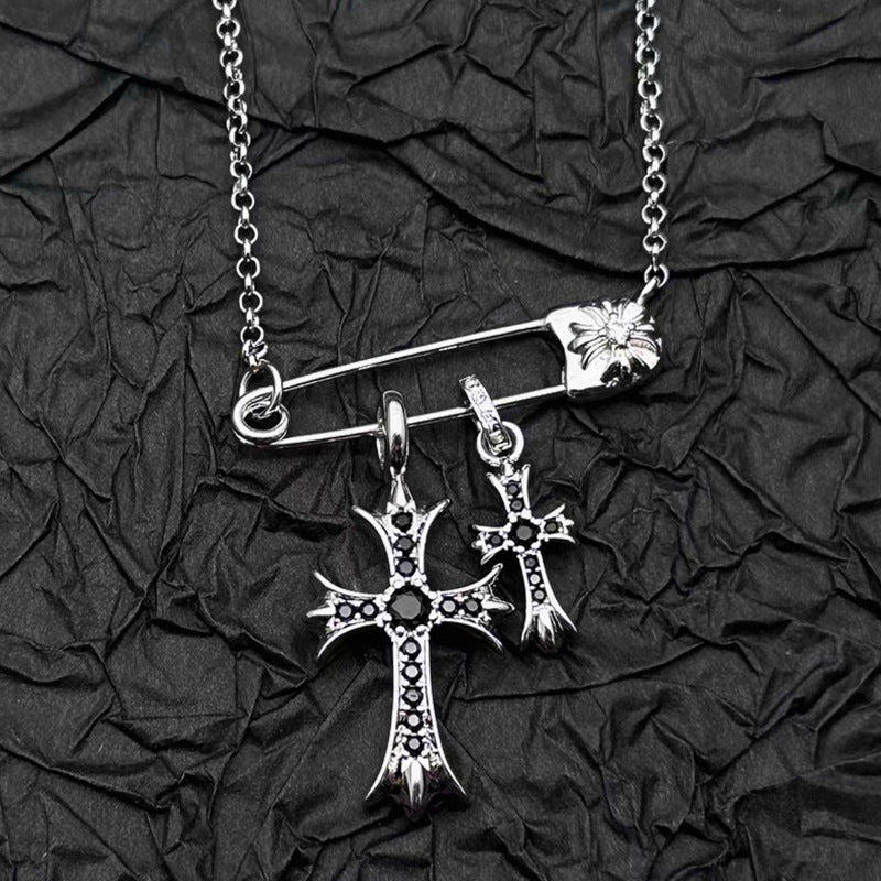 925 Silver Plated White Gold Rhinestone Pin Double Cross Pendant Necklace for Men and Women, European and American Style, Unique Design, High-End Look