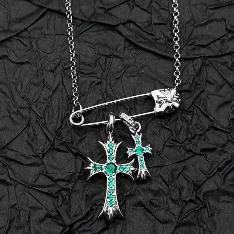 925 Silver Plated White Gold Rhinestone Pin Double Cross Pendant Necklace for Men and Women, European and American Style, Unique Design, High-End Look